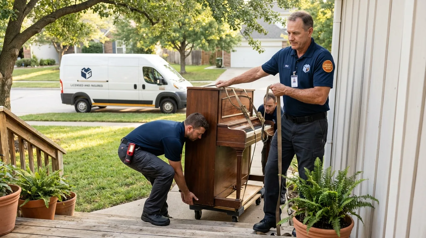 Licensed piano movers securing grand piano in Bedford, PA
