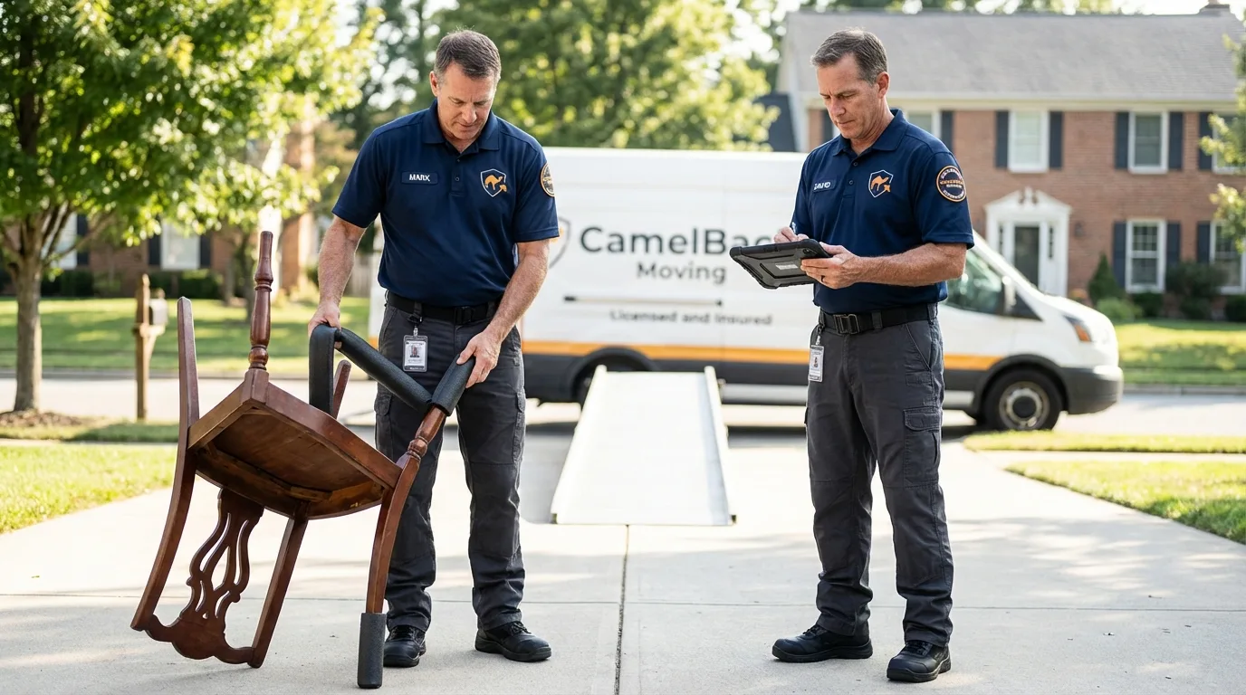 Movers inspecting furniture for damage prevention before loading in Bedford, PA