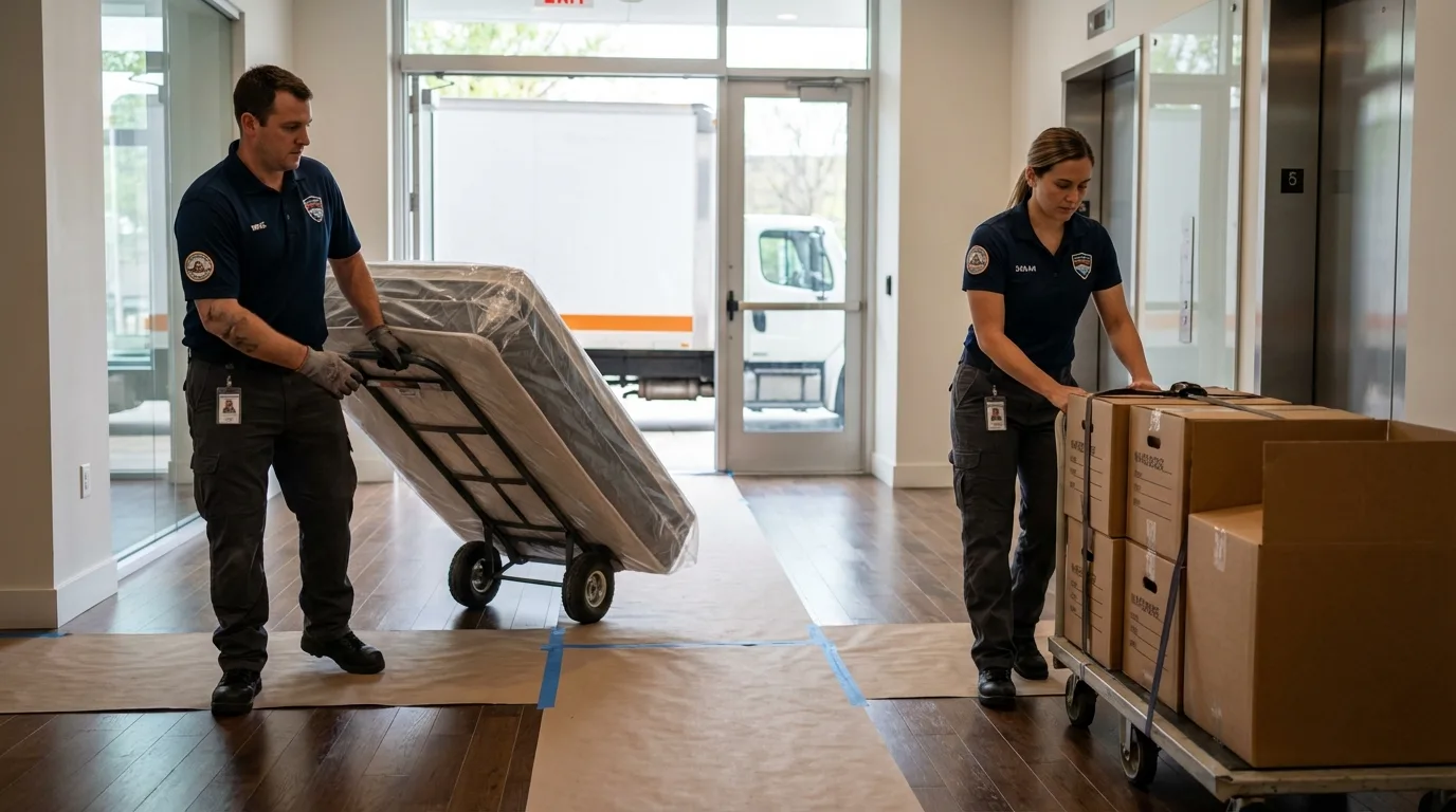 Professional apartment movers loading elevator in Bedford, PA